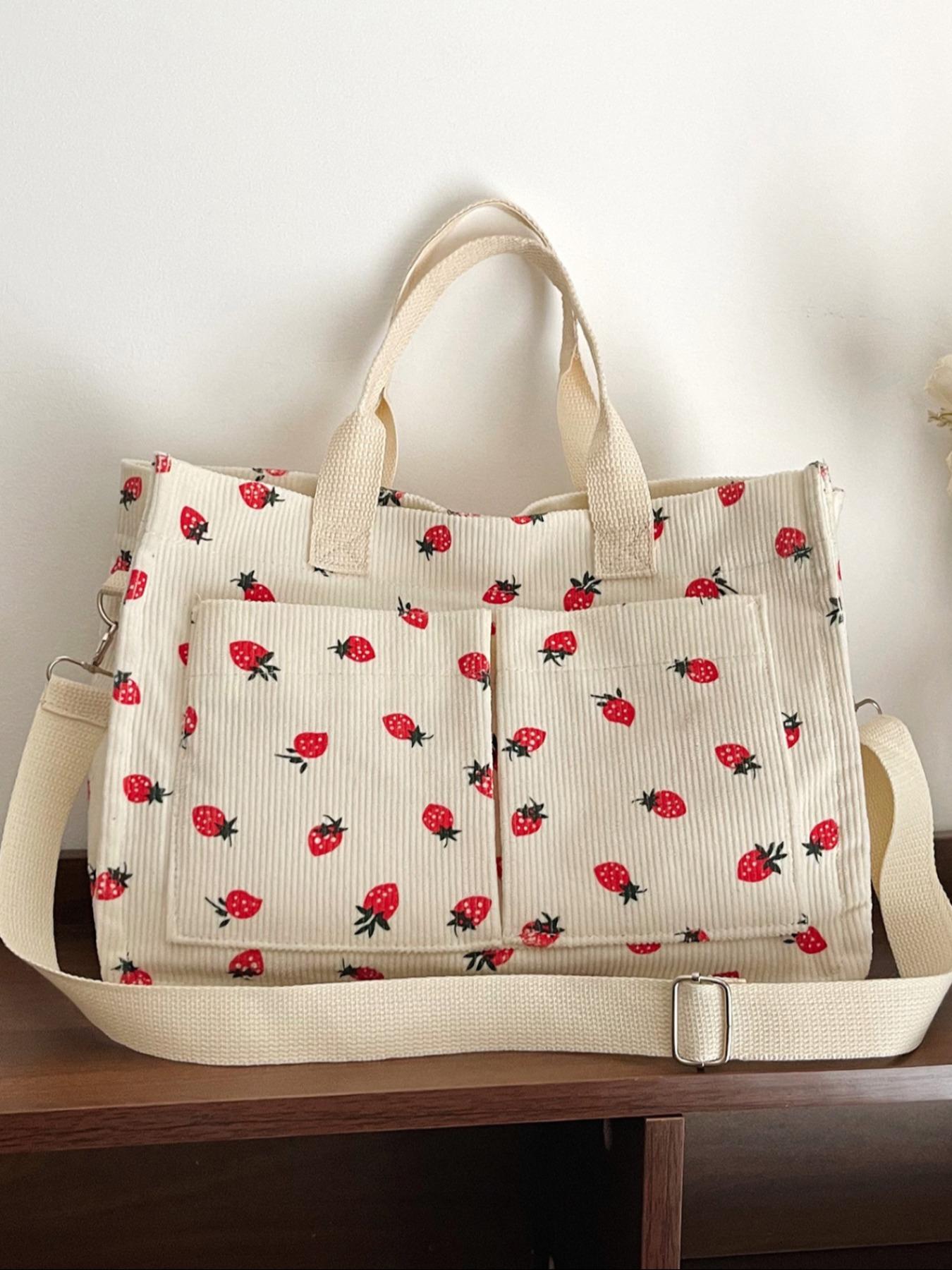 Stylish Strawberry Print Crossbody Shoulder Bag, Large Capacity Multi-Pocket Design, Perfect for Daily Commute & Shopping Needs, Floral Embossed Satchel