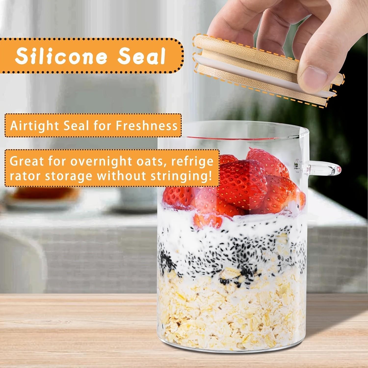 4-Pack 16oz Overnight Oat Glass Jars with Bamboo Lid, Large Capacity Breakfast Bowl, Food Storage Container, Kitchen Accessories