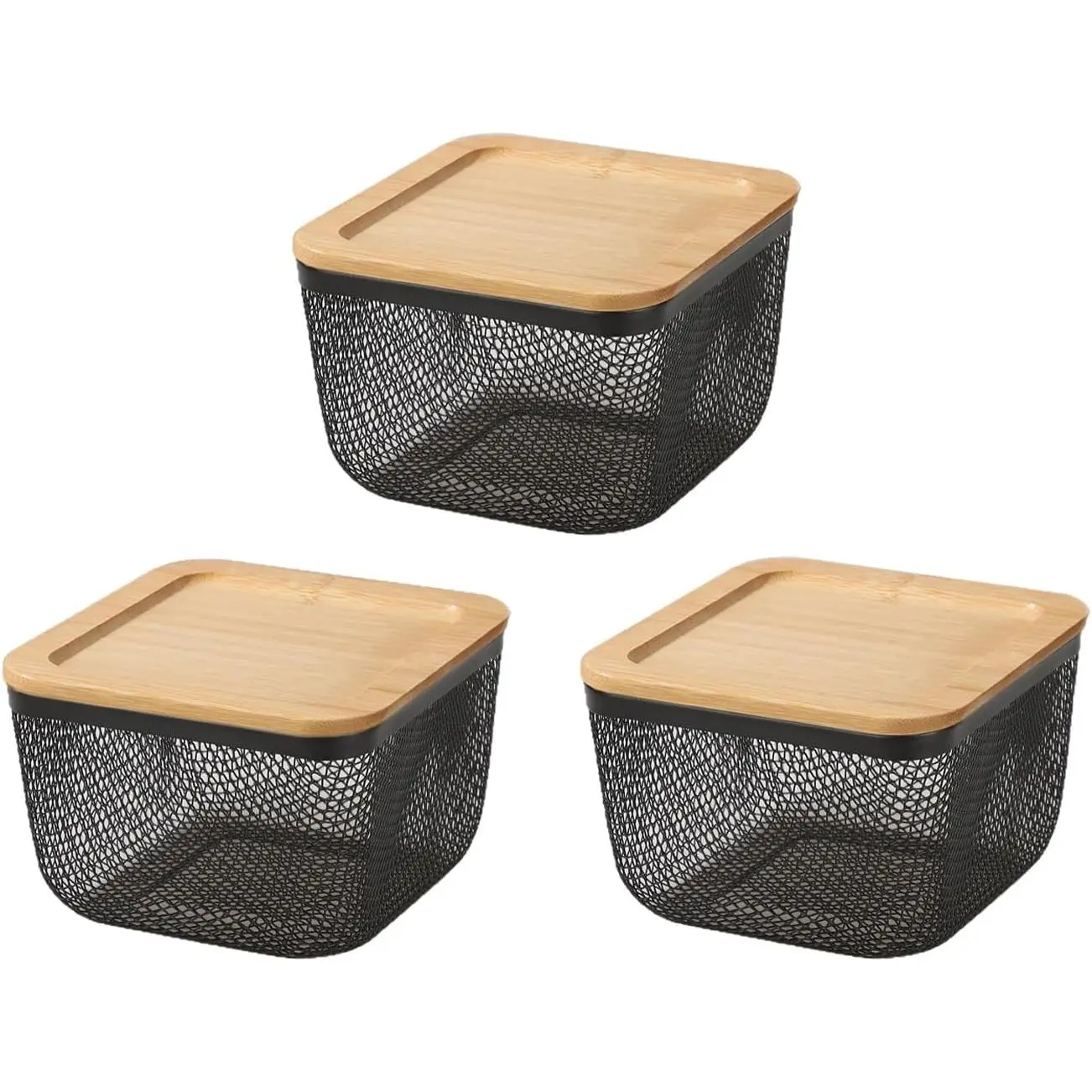 AJIODA Metal Mesh Steel Basket with Bamboo lid, 3 Pack Mini Metal Wire Storage Organizer Baskets Kitchen Baskets Countertop Fruit Baskets Makeup Basket for Kitchen Decor Cabinet Home, Black