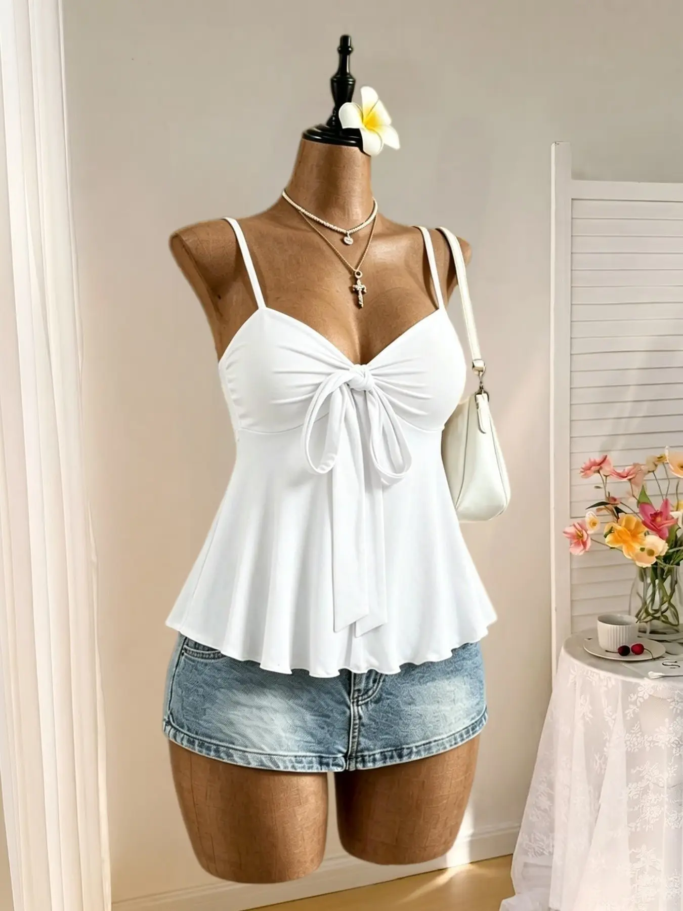 Youthful Halter Top with Chest Ruching and Tie-Back, A-Line Hem, Boho Sleeveless Halter Casual Style, Summer, Casual Summer Sleeveless, Perfect for Beach and Outings, Women's Fashion