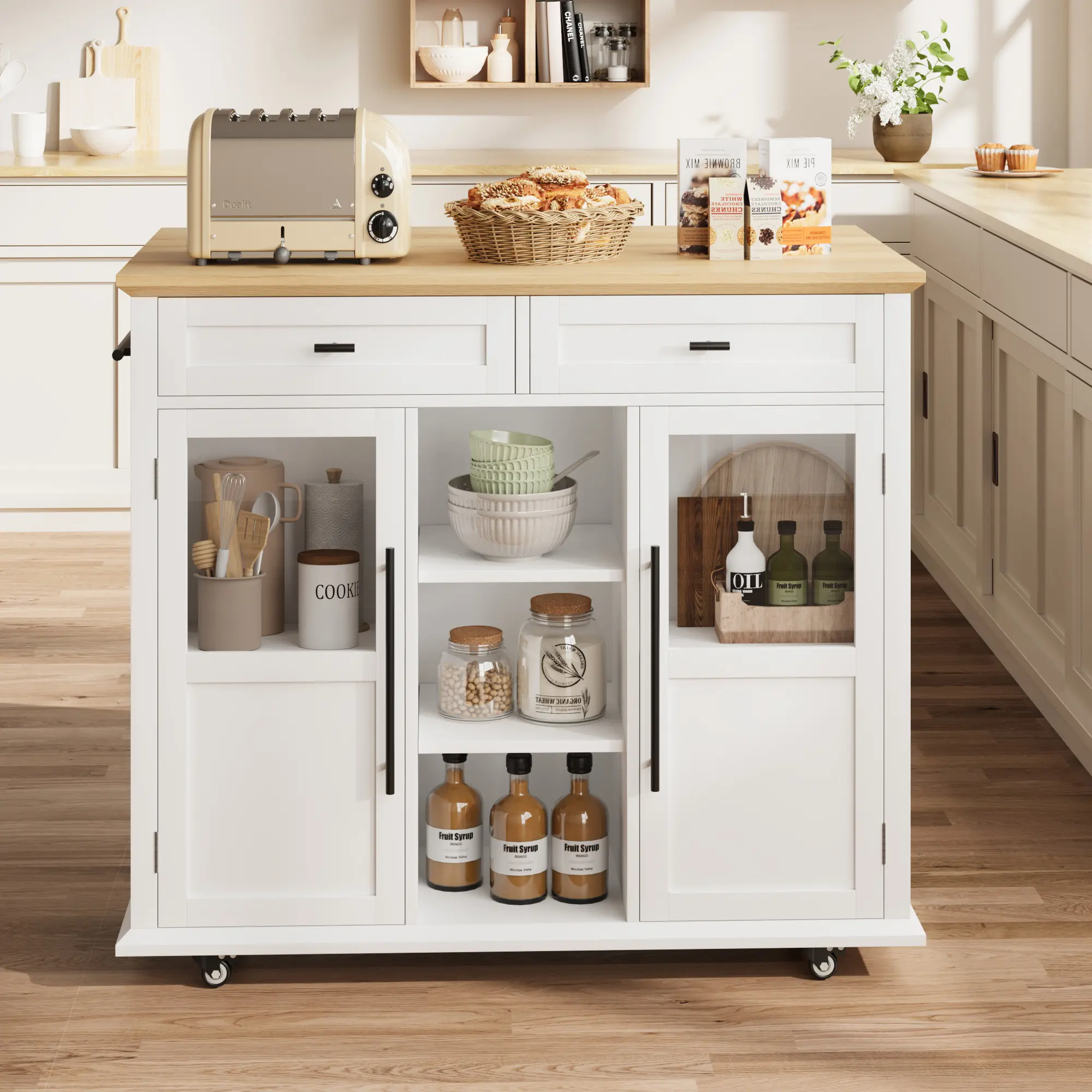 Rustic Kitchen Island with Storage - with 2 Cabinets, 2 Drawers & 3-Tier Shelves, Locking Wheels, Foldable Extendable Table for Small Space, Vintage Kitchen Furniture for Prep, Dining, Coffee Bar