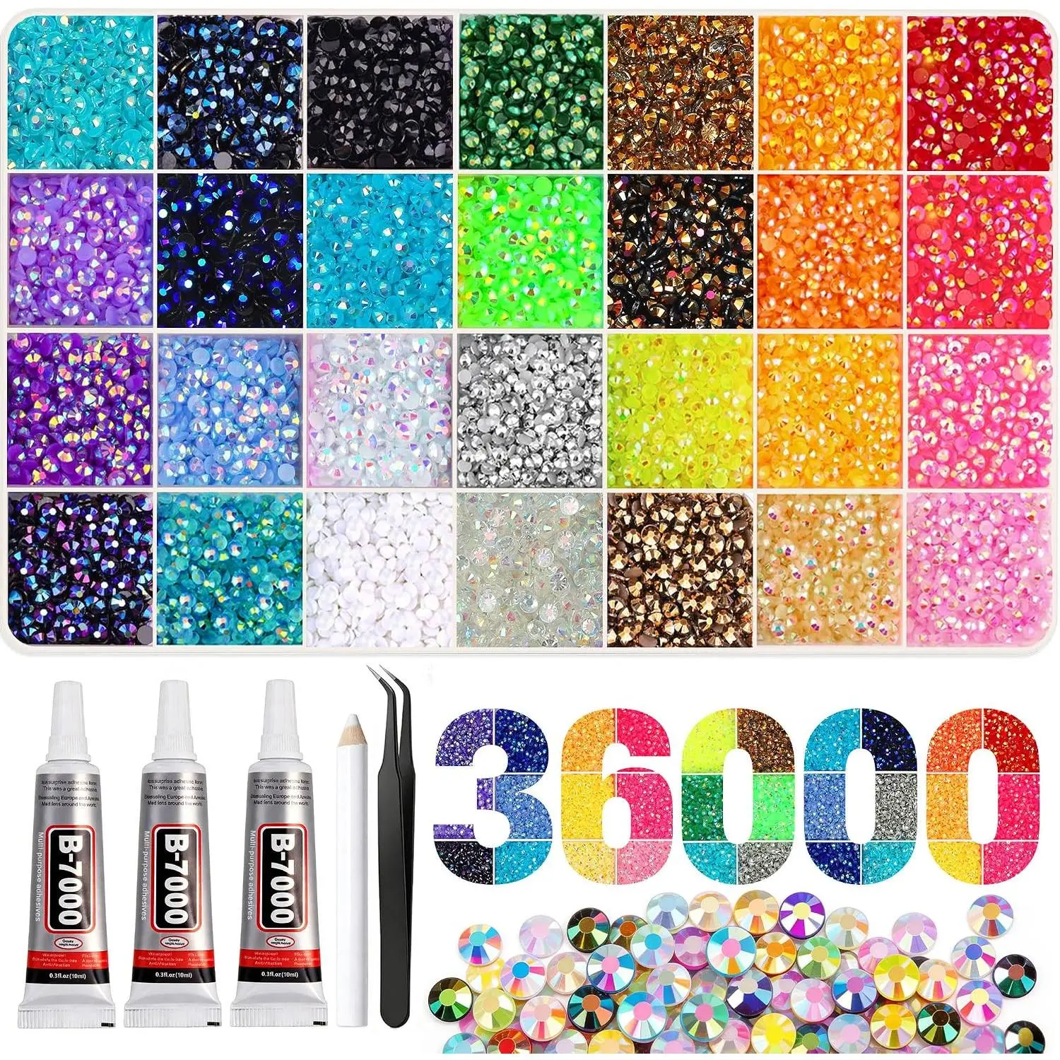 36000Pcs Resin Rhinestones 3mm Jelly AB 28Colors for Bedazzling Glitter Kit DIY, Multicolor Crystal Pearls with 3Pcs 10ml B7000 Jewelry Glue for Nail Art Supplies Decoration| Glitter DIY, Multicolor Crystal Pearls with 3Pcs 10ml B7000 Jewelry Glue for Nai