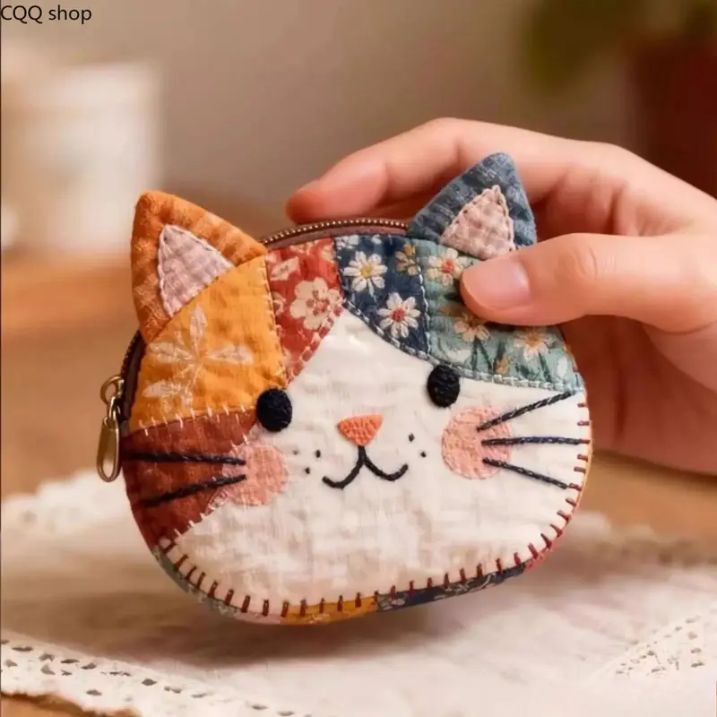 Japanese Patchwork Color Block Cat Coin Purse - Cute Cartoon Girls' Bag, Multi-Purpose Small Pouch for Students, Gym & Travel Small Item Storage, Makeup & Stationery Organizer