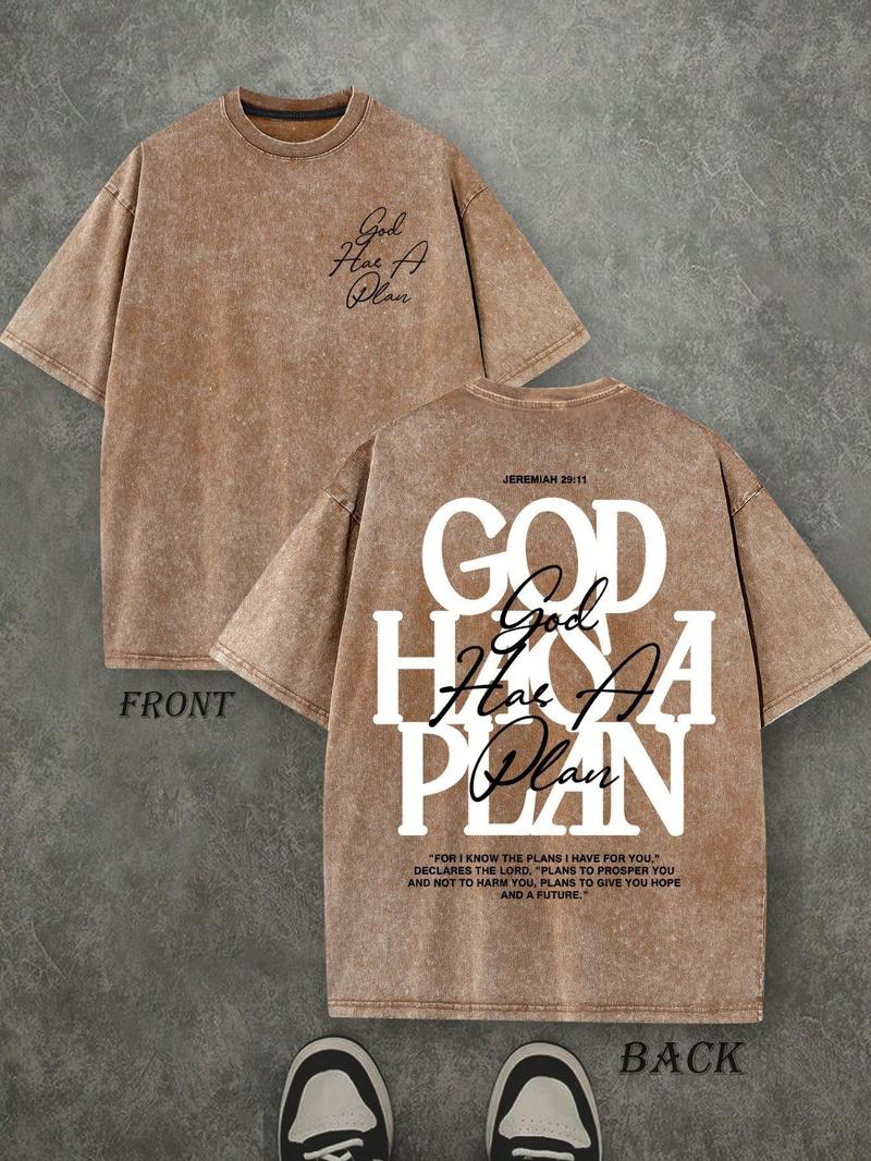 Men's Vintage Washed T-Shirt, Dual-Sided Print, 230 Pure Cotton Material, God Has His Own Plan Letter Print, Casual Street Style