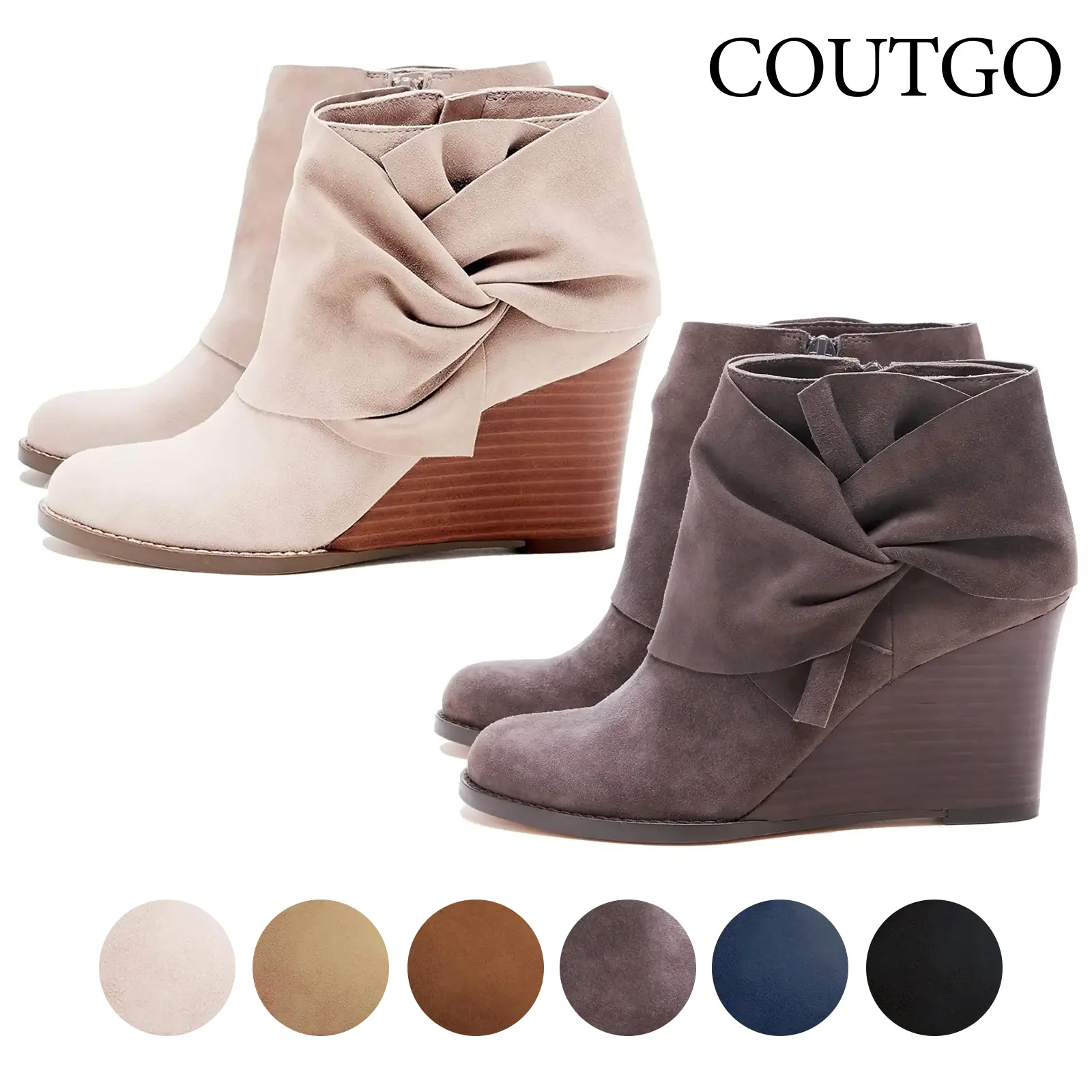 Coutgo Womens Wedge Booties Ankle Heels Boots Bow Knot Stacked Heeled Winter Dress Shoes