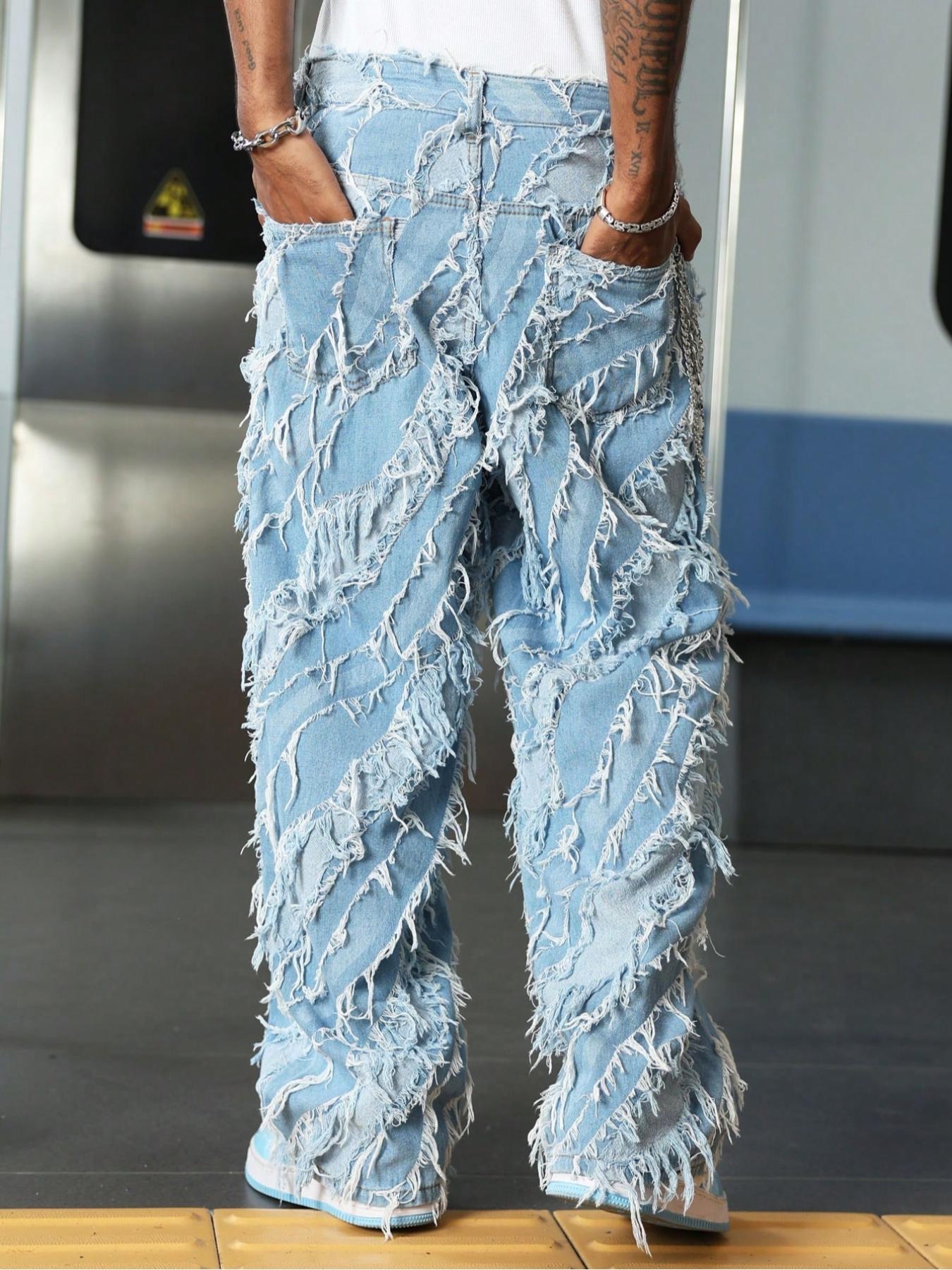 Men's Street-Style Trendy Frayed Straight-Leg Jeans with Pockets. Loose Distressed Long Pants, Retro, Vintage & Fashionable, Comfortable & Slim-Fit, Suitable for Men's Daily Casual & Outdoor Wear.