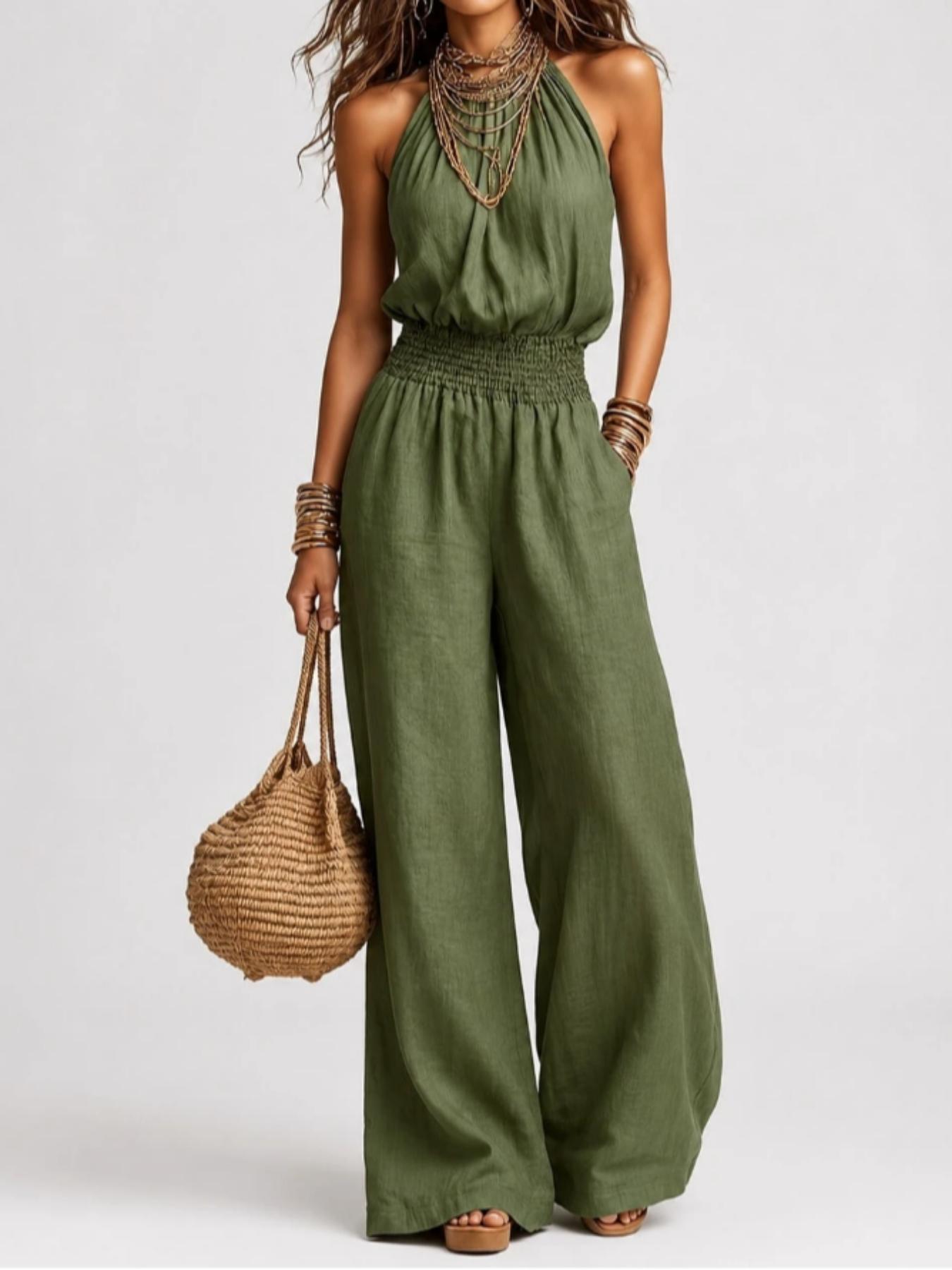 BohoChic Smocked High Waist Linen Blend Halter Neck Wide Leg Jumpsuit, Plain Ruched Jumpsuit, Sleeveless Pocket Design Casual Outfit for Beach Vacation Bohemian Daily Wear, Oversized Loose Fit Resort Romper Outfit Women Apparel