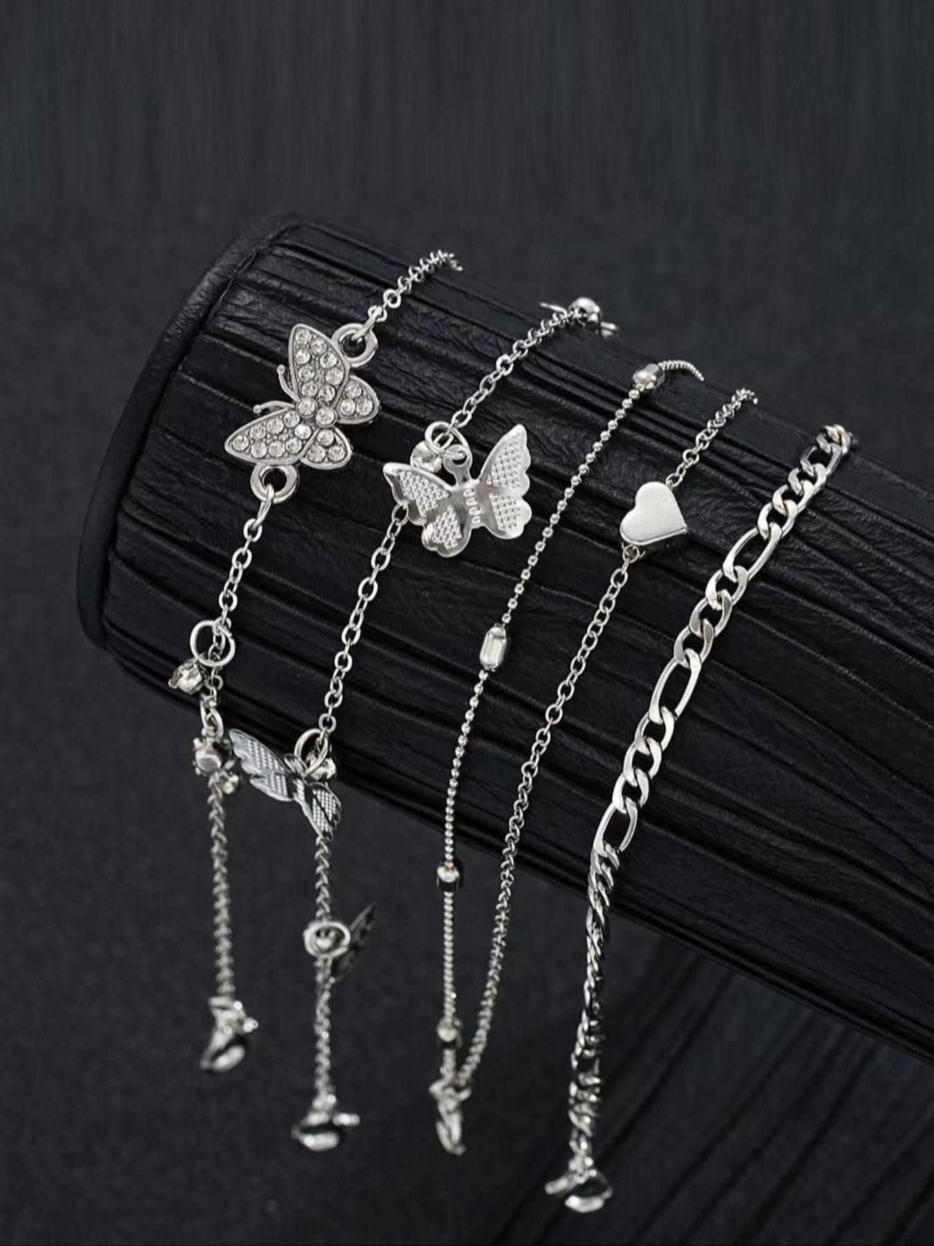 Set of 4 Boho Anklets for Women, Wearable Jewelry, Jewelry, Jewelry Accessories, Multi-Layer Beaded Anklet Set with Butterfly & Heart Designs, Embellished with Synthetic Diamonds, For Summer Holidays, Beach Parties & Bikini Outfits, Foot Jewelry