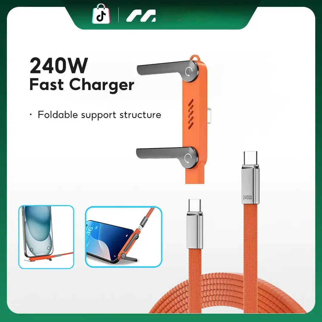240W Invisible Stand Fast Charging Cable, 240W USB C to USB C Flat Cable 90 Degree Angled, Sideways Phone Type C Charger Cord (4.9FT) Compatible with iPhone 15 16 17 Series, Samsung S26 S25