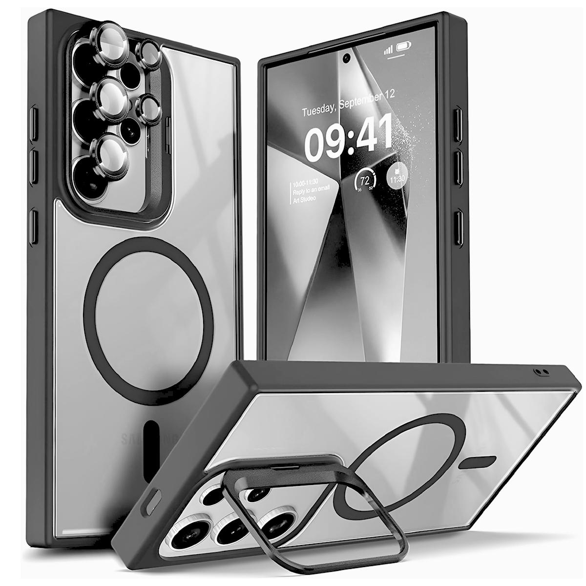 [Free!!Ship!] Camera Lens Kickstand Clean Case for Samsung Galaxy S25 Ultra S24 S23 Mag Safe Heavy Duty Transparent Shockproof Phone Bumper with Camera Lens Protector