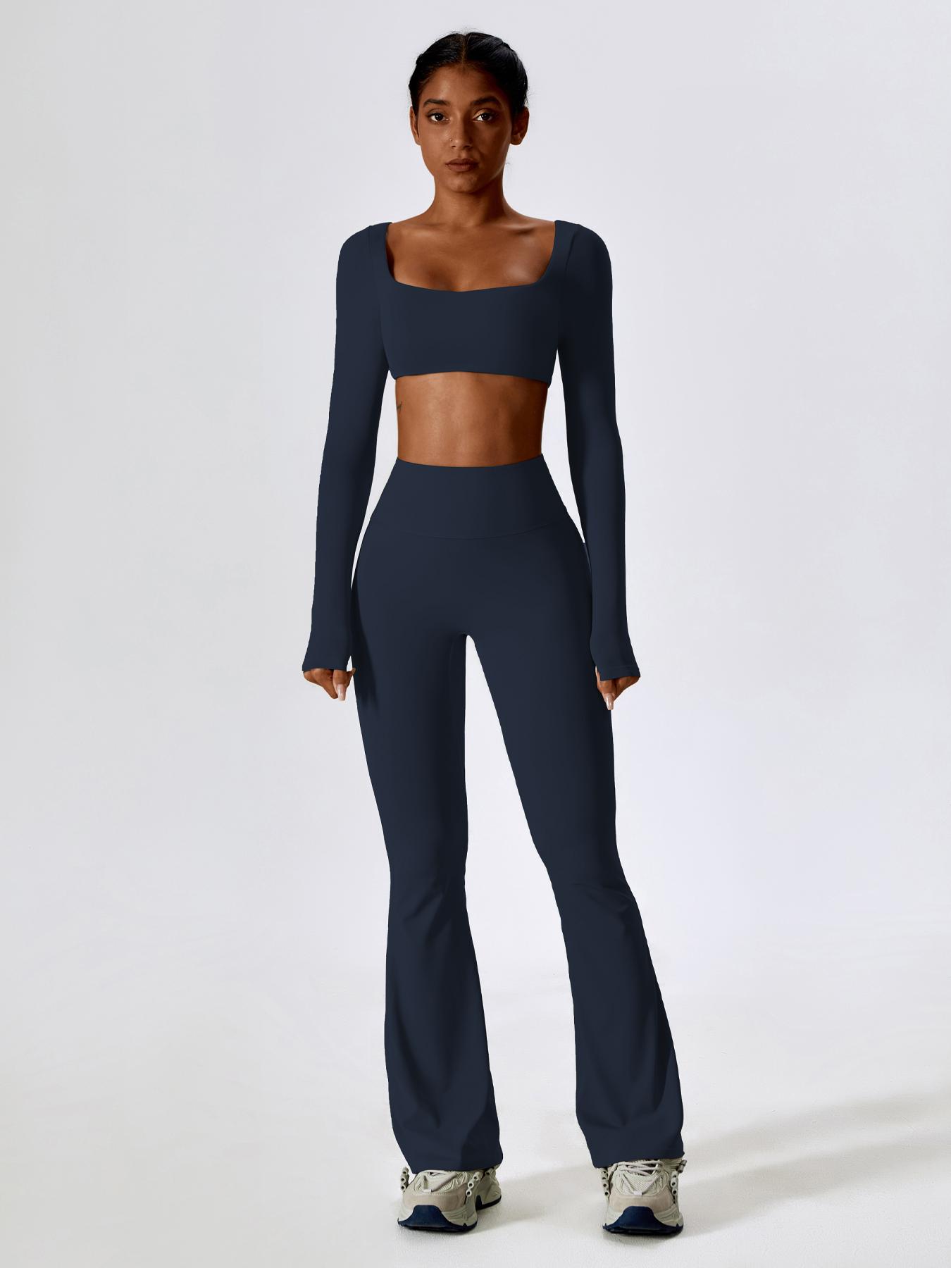 Women's Solid Square Neck Crop Top & High Waist Flare Leg Pants Set, Sporty Comfy Breathable Long Sleeve Top & Bell Bottom Trousers Two/Four-piece Outfits for Yoga Workout, Ladies' Clothes for All Seasons, Gym Wear, Sweatsuit Set