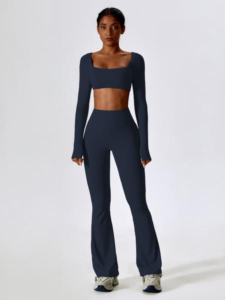 Women's Solid Square Neck Crop Top & High Waist Flare Leg Pants Set, Sporty Comfy Breathable Long Sleeve Top & Bell Bottom Trousers Two/Four-piece Outfits for Yoga Workout, Ladies' Clothes for All Seasons, Gym Wear, Sweatsuit Set