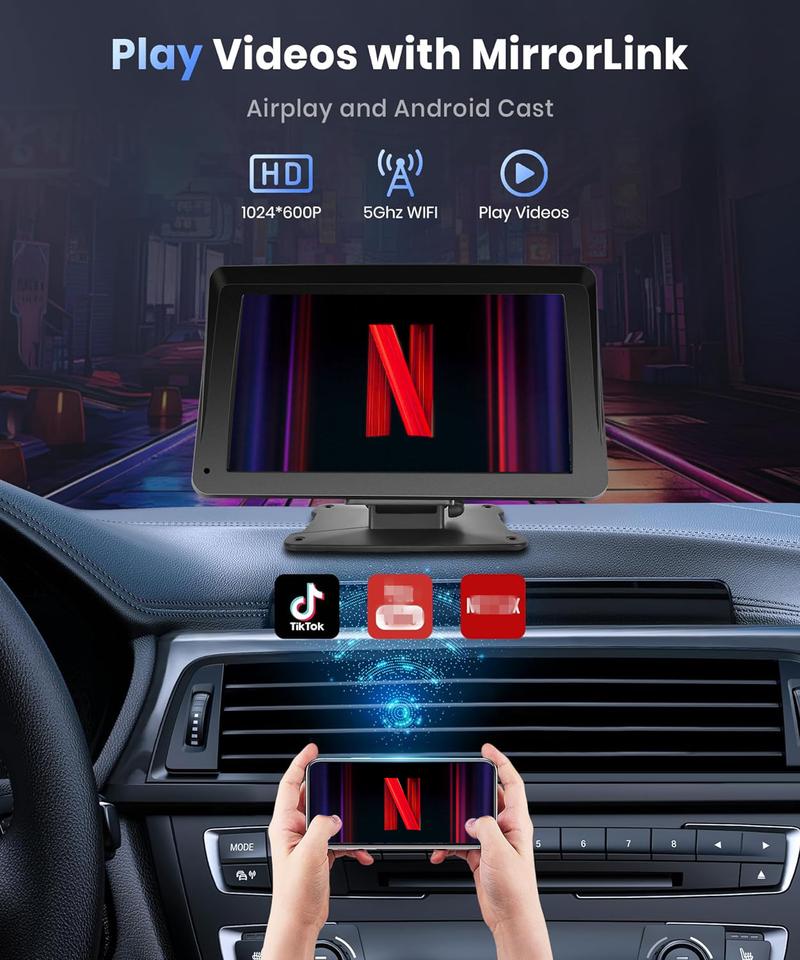 Portable Wireless Apple Carplay & Android Auto Car Stereo with Voice Control,7 Inch Touch Screen Double Din Stereo with Bluetooth, Multimedia Player, Car Audio with Mirror Link/AUX/FM