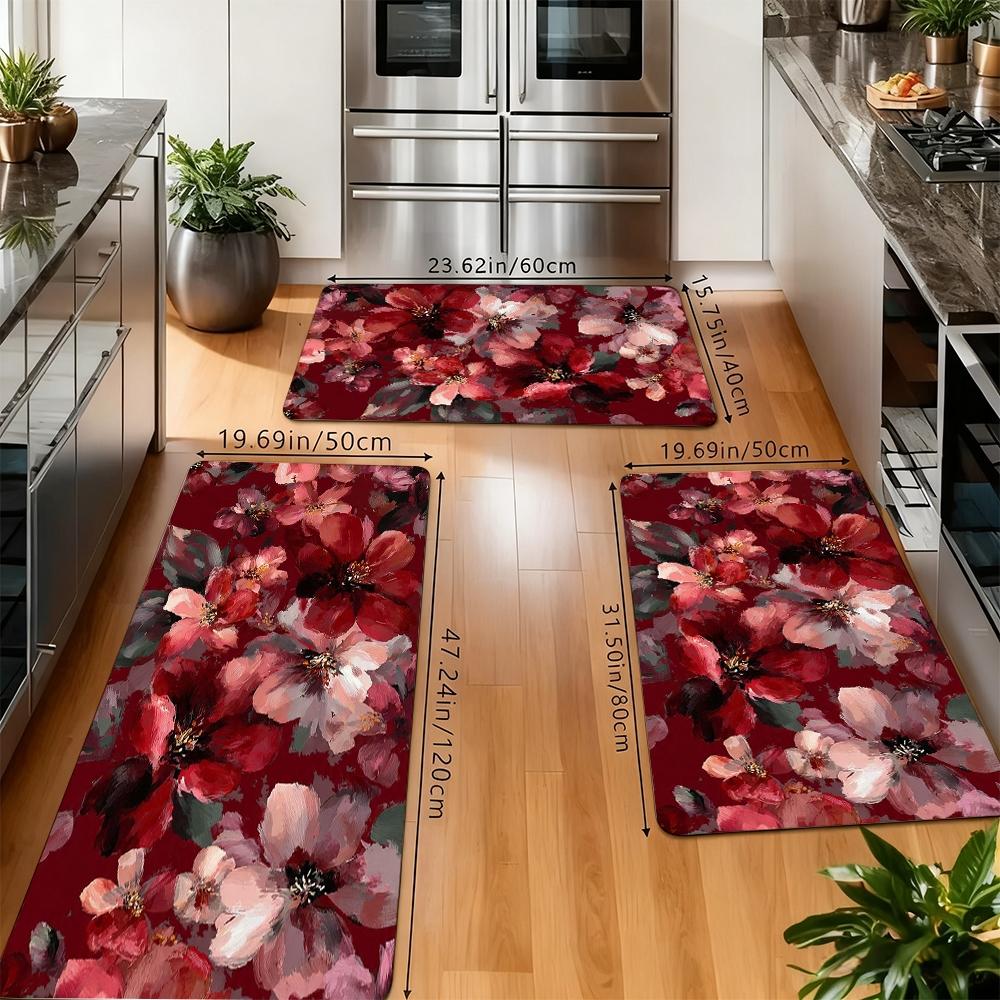 Vintage Watercolor Red Floral Kitchen Rug Set, Boho Abstract Flower Non-Slip Washable Floor Mats, Aesthetic Botanical Runner Rugs for Kitchen, Living Room & Home Decor