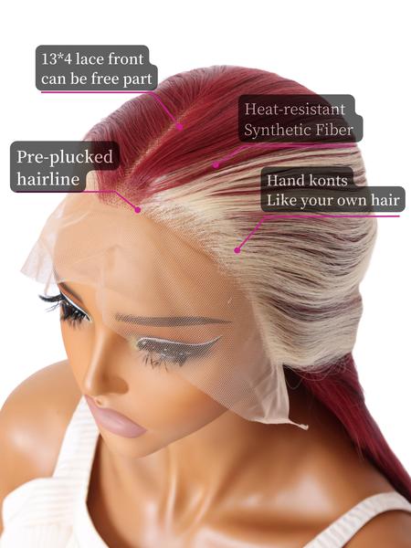 Burgundy With Blonde Highlights Lace Front Wig, Wine Red 13x4 Lace Front Wig,Heat-resistant Synthetic Fiber Wigs,Cosplay Halloween Party Use (28 Inch)