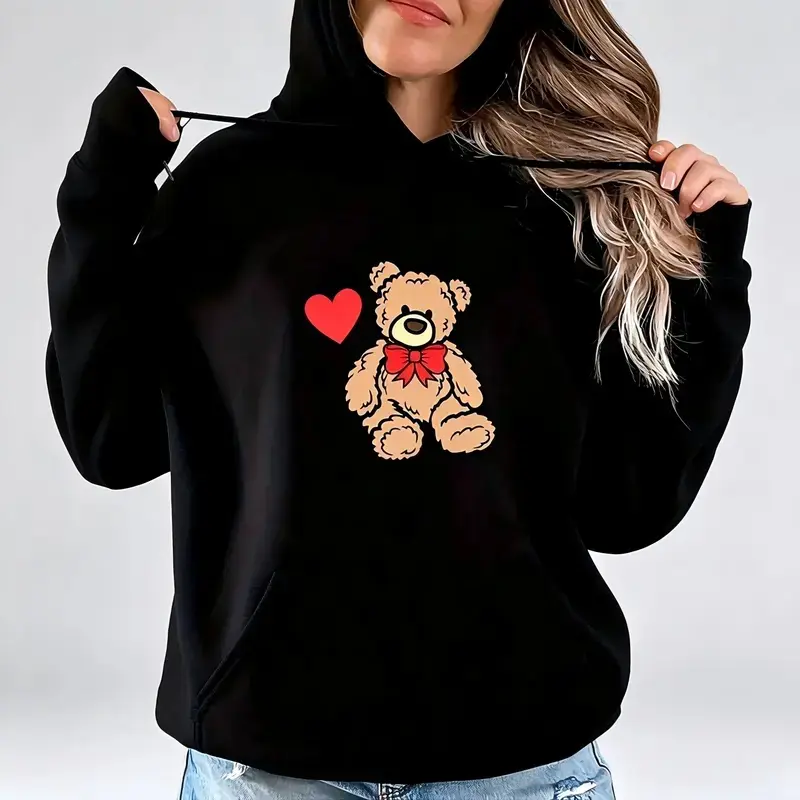 Women's Cartoon Bear Print Drawstring Hoodie, Casual Pocket Long Sleeve Hooded Sweatshirt, Ladies Spring & Fall Clothes for Daily Wear Cute Sweatshirt Black