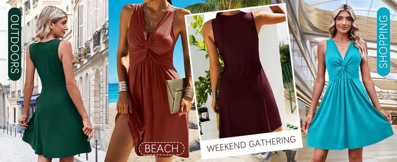 Danedvi Women's V Neck Front Knotted Sleeveless Tank Dress Summer Solid Casual A Line Dress Fit Chic