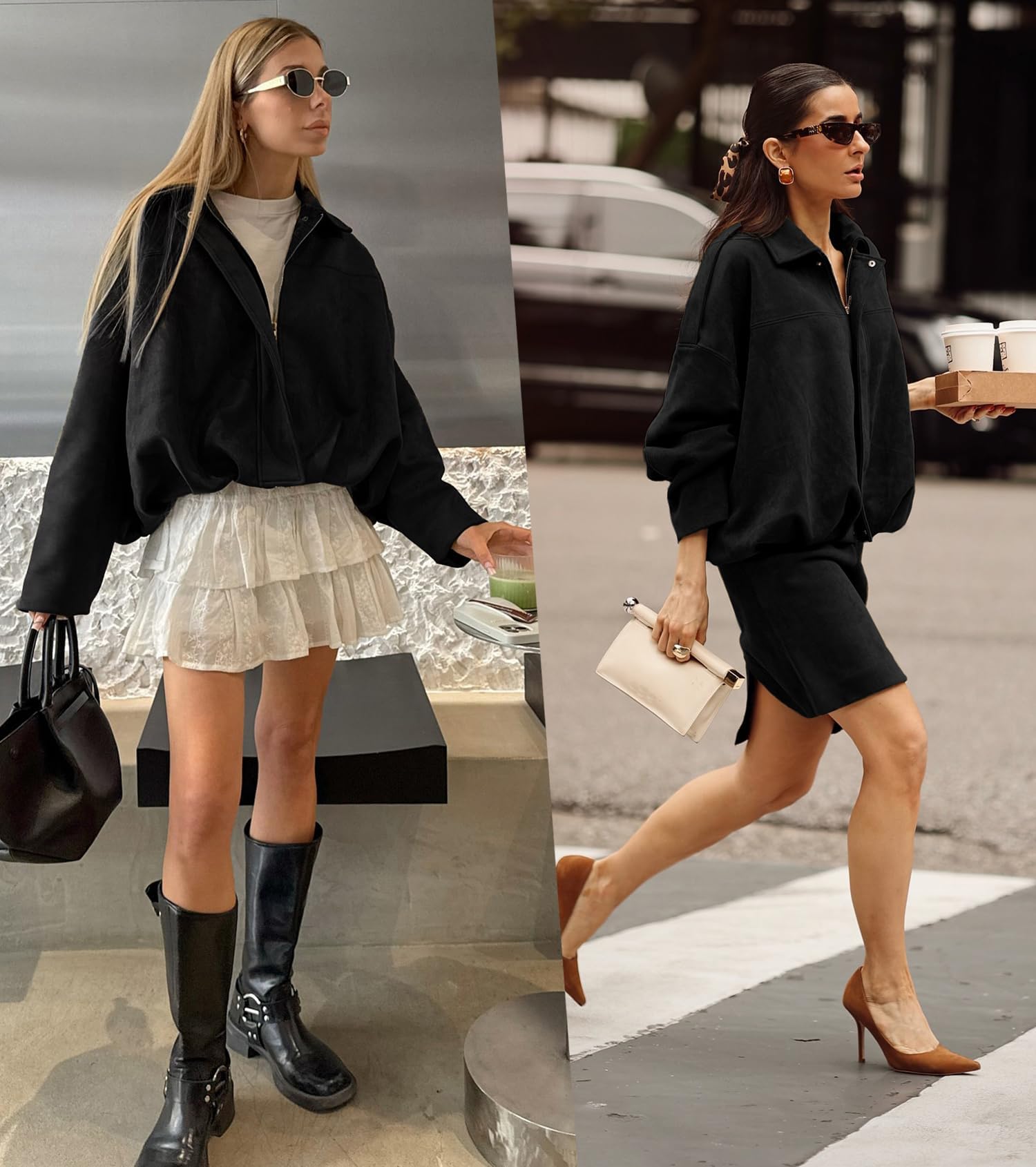 Buenoble Women's Faux Suede Bomber Jackets Cropped Fall Winter Lapel Motorcycle Coats Streetwear Outerwear with Pockets Tops Womenswear Basic Brown Casual Long Sleeve