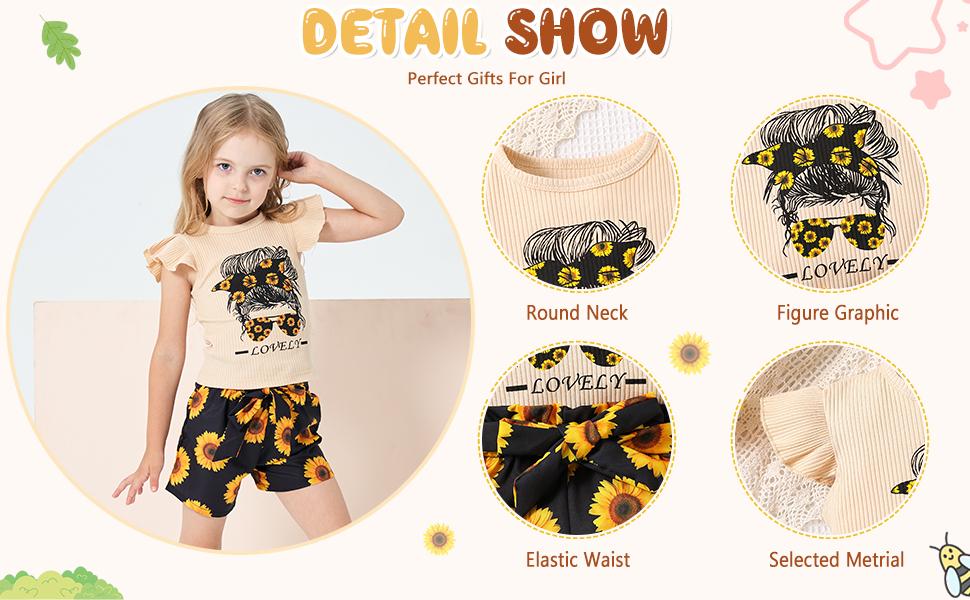 Toddler Girl Summer 2-Piece Outfit Set, Ruffle Sleeve Graphic Top & Shorts