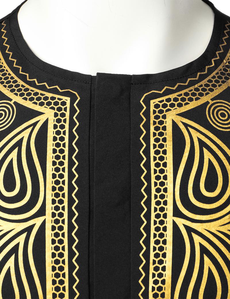 ZEROYAA Men's African Ethnic Hidden Button Short Sleeve Shirt Metallic Gold Printed Dashiki Menswear Fabric summer outfits men 4th july outfit