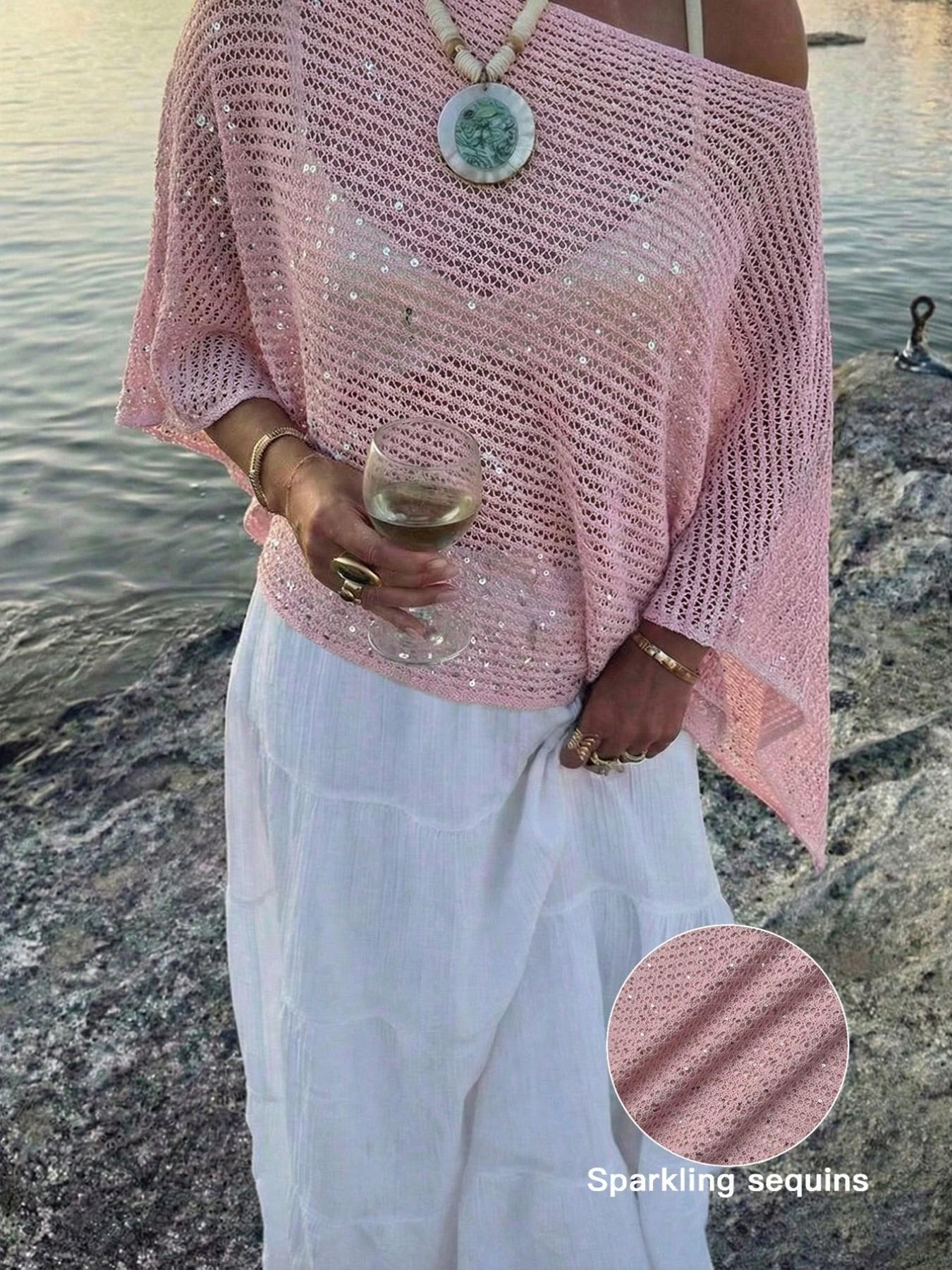 Elegant Women's Spring Summer Fashion Casual Knitted Hollow Out Hoodie, Sequin Boat Neck Pure Color Semi-Transparent Top