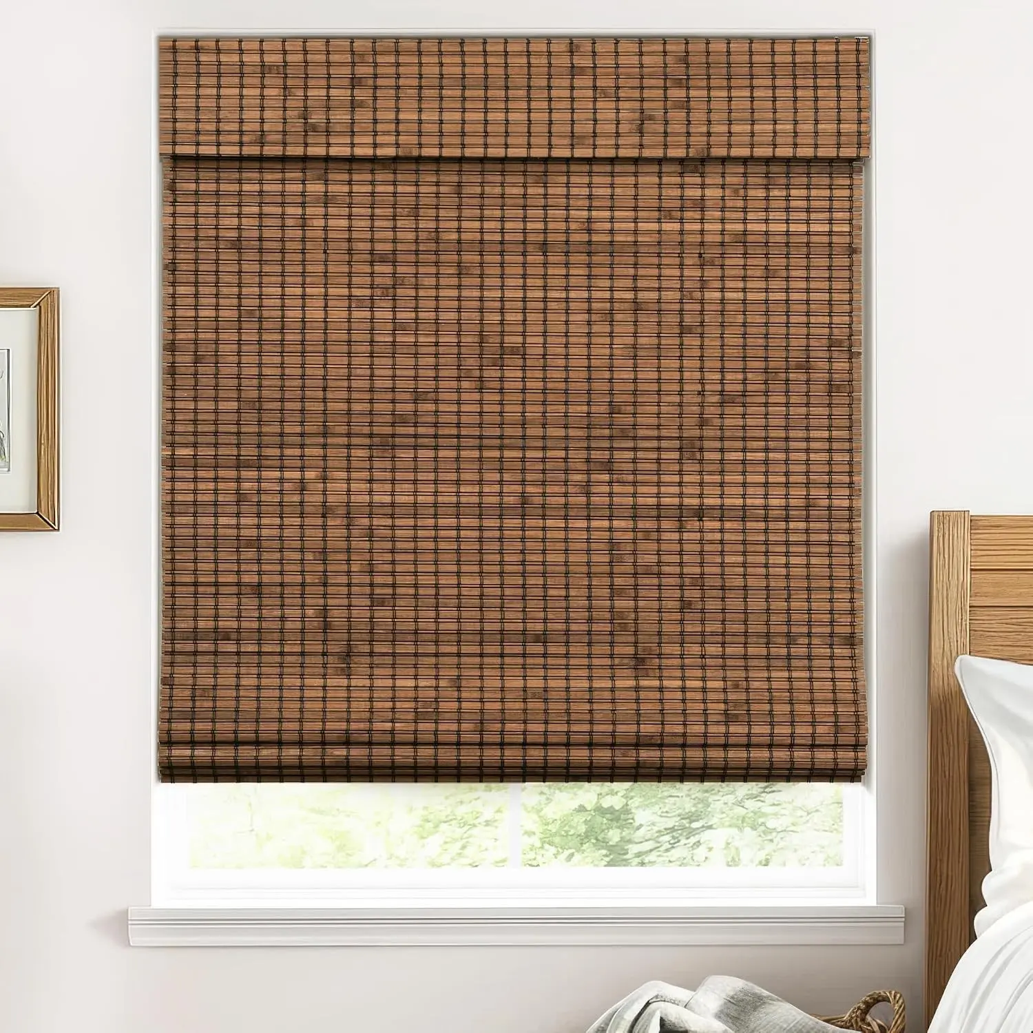 Cordless Bamboo Roman Shades for Windows 100% Blackout Backing Fabric for Light Blocking 20" W × 64" H