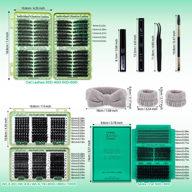 1450/640/460/350 PCS D Curl Lash Clusters Kit, 11 Styles Cat Volume Spikes and 3D Effect Lashes Eyelash Extensions with Bond and Seal Remover Applicator Headband and Wristband, Suitbale for Easy DIY Makeup at Home