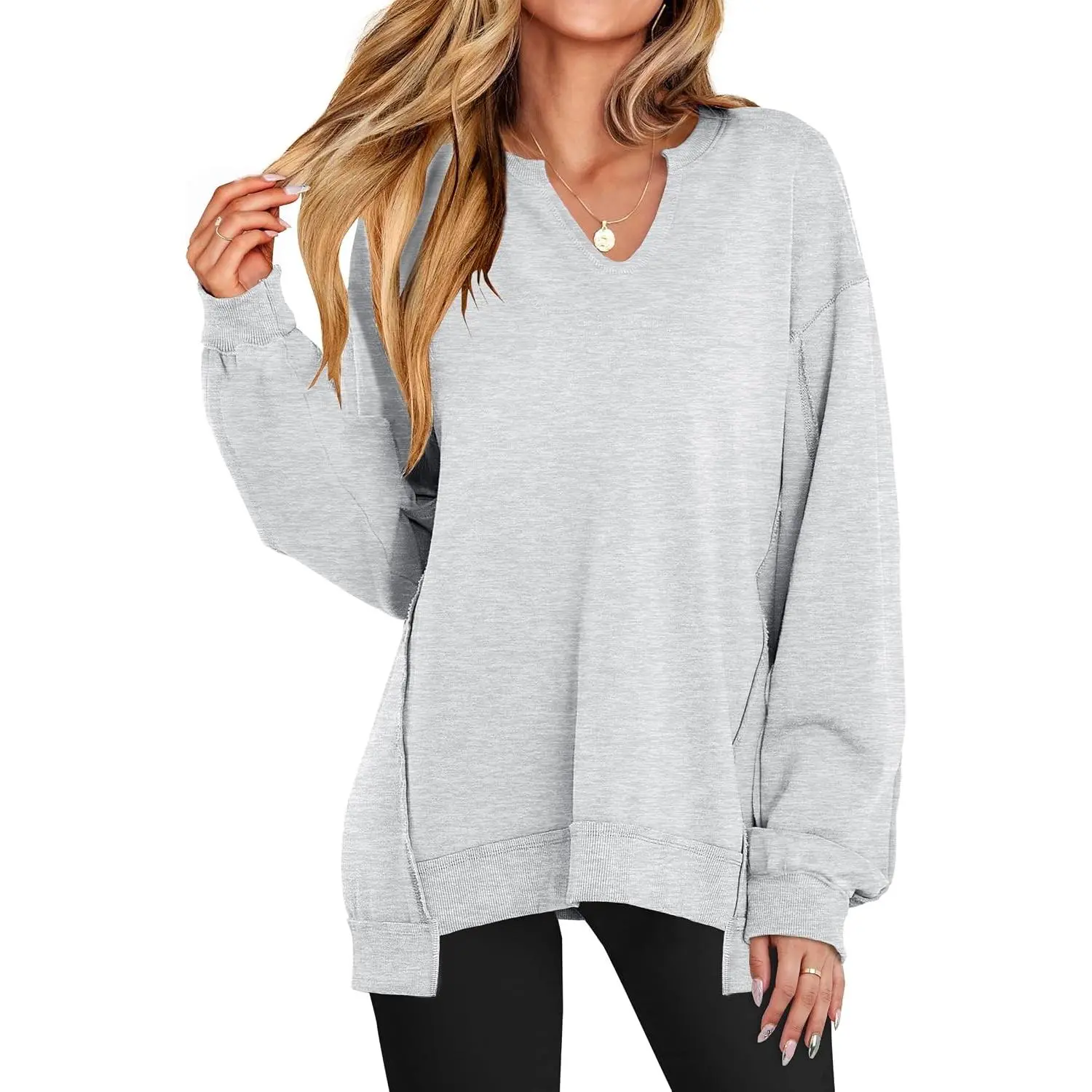Women's Long Sleeve V-Neck Oversized Sweatshirts - Soft Lightweight Loose Fit Pullover Tops, Chic Streetwear for Casual Office Use, Fall Winter Skinny Joggers Matching Tunic Shirts (for Teen Girls)