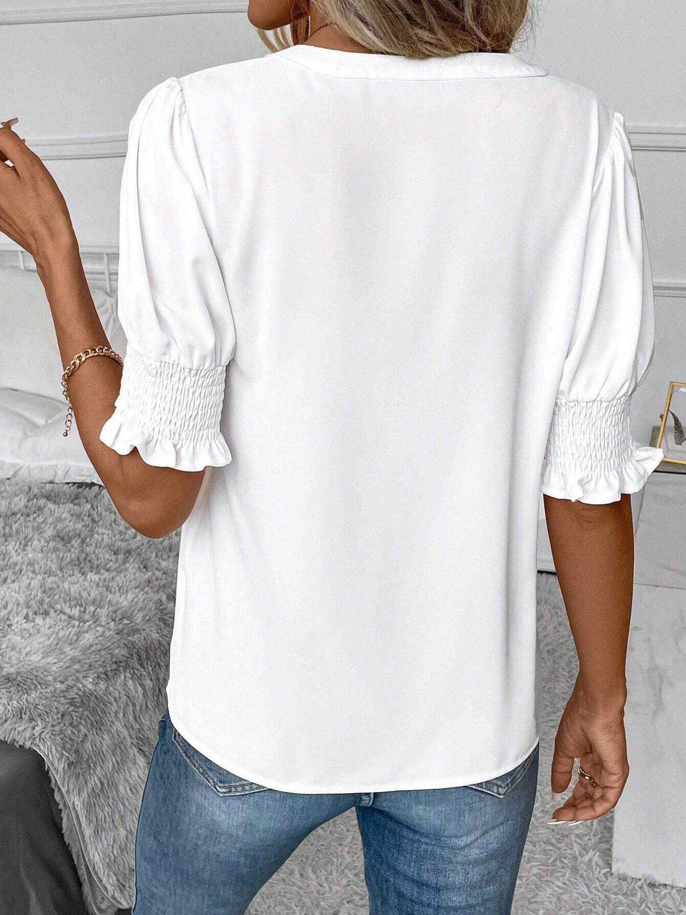 Summer New Fashion Casual V Neck Bubble Pure Color Short Sleeve Shirt, Stylish and Comfortable, Perfect for Daily Wear