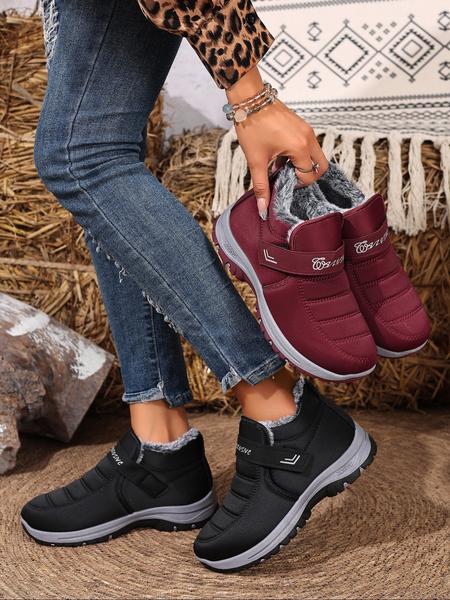 Couple Plush Lined Ankle Boots, Fluffy Snow Boots, Slip-On Soft Sole Anti-Slip Snow Boots, Velcro Easy Open Warm Winter Flat Shoes, Travel Outdoor Activities