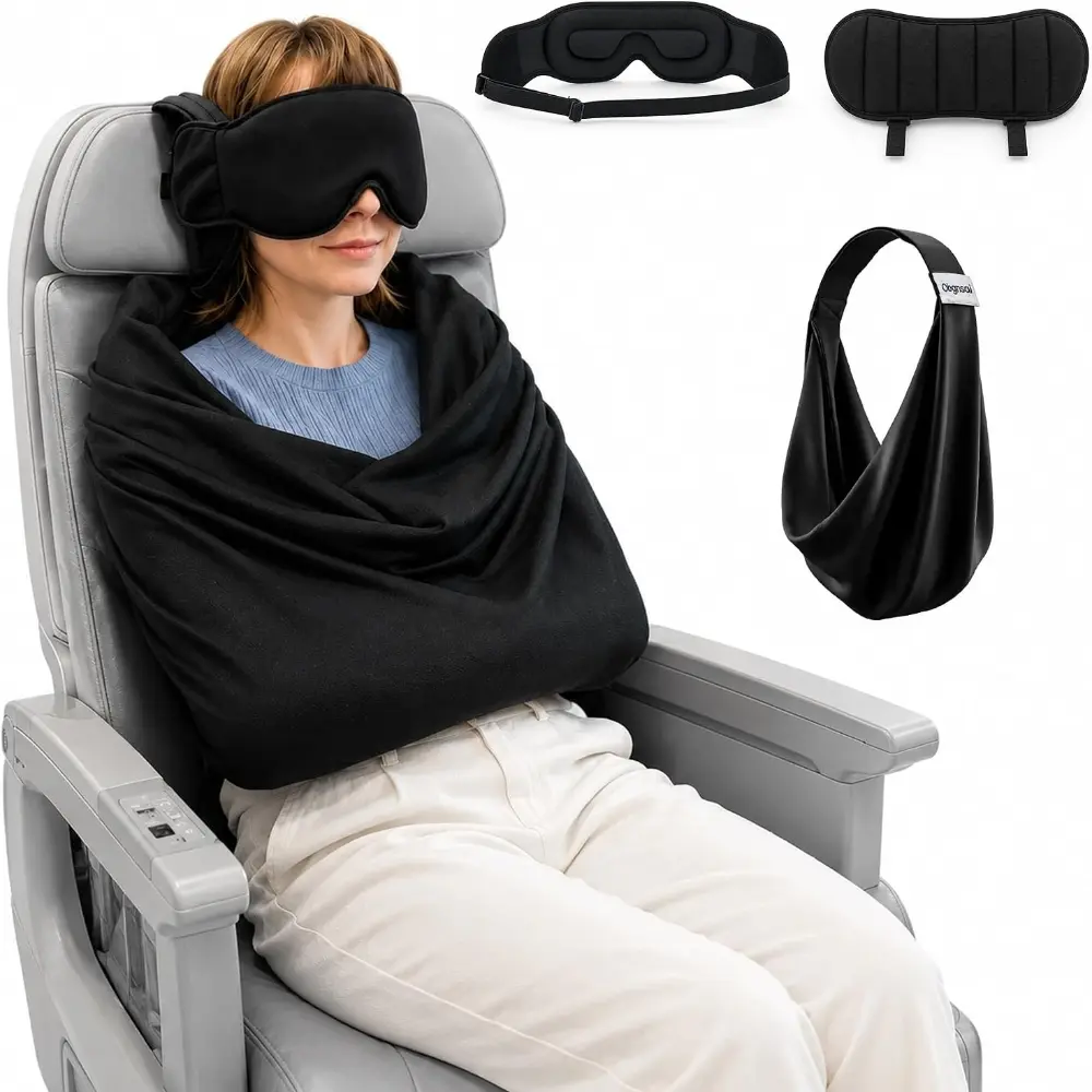 Travel Pillow with Eye Mask, 3-in-1 Airplane Sleep Support Travel Essentials for Comfort, Portable Sleep System with Neck Support Head Strap, Sleeper Hold for Flight Car Train, Travel Neck Cushion