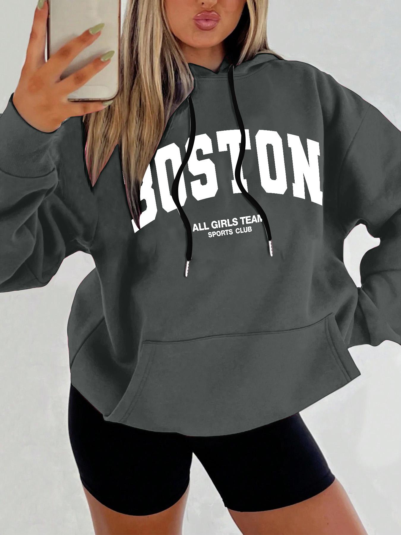 Women's Letter Print Drop Shoulder Hoodie, Fashion Casual Drawstring Pocket Hooded Sweatshirt for Daily Holiday Outdoor Wear, Women Clothing for Fall & Winter