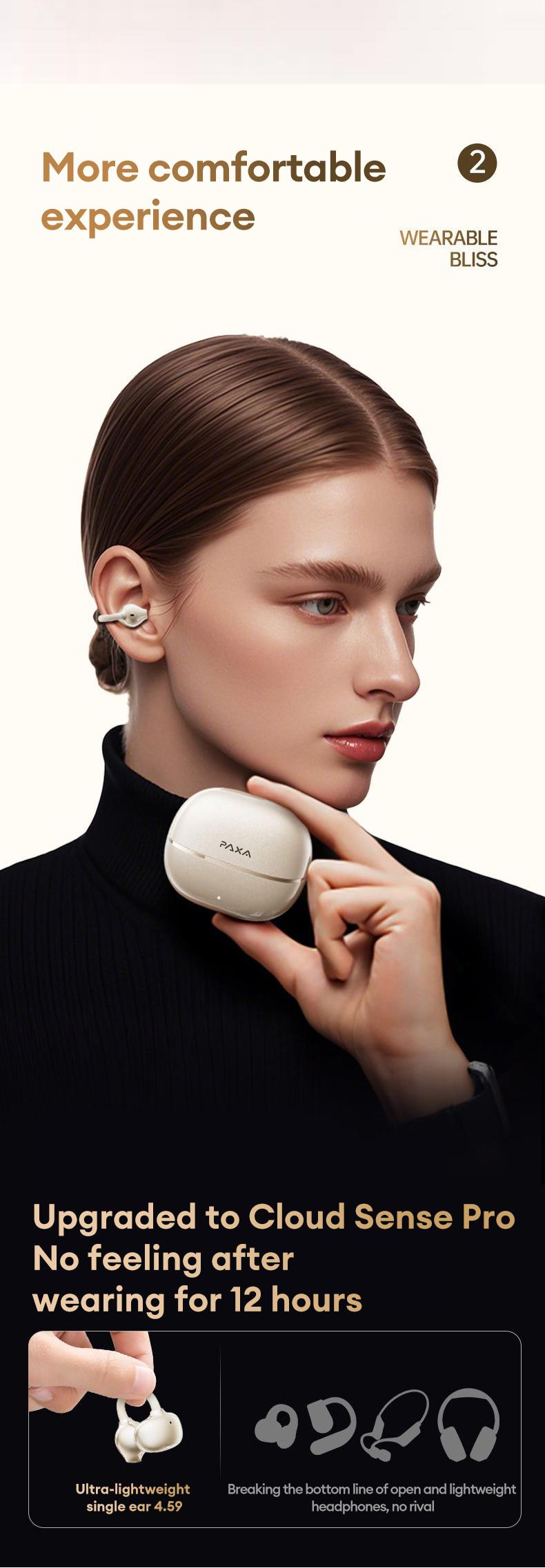 PAXA Earclip C7 Clip-on Design Wireless Earphones, Upgraded Panoramic Sound Headset, Comfortable Wearing & IPX5 Waterproof Sports Earbuds for Work, Fitness