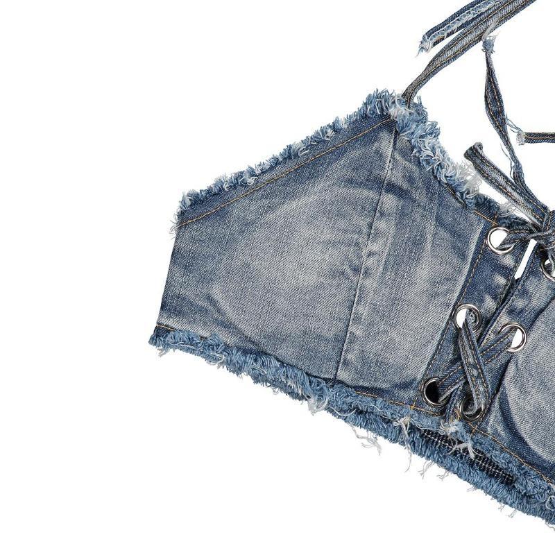 Women's 2-Piece Denim Bikini Swimsuit Set - Distressed Fringed Top, Denim Hot Pants, Beach Wear for Beach Outings, Bar Performances