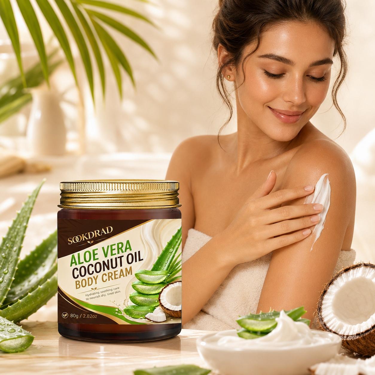 Aloe Vera Coconut Oil Body Cream, Hydrating, Soothing, Nourishing, Suitable for dry tired skin, 80g/2.82oz, Hydrating Body Care