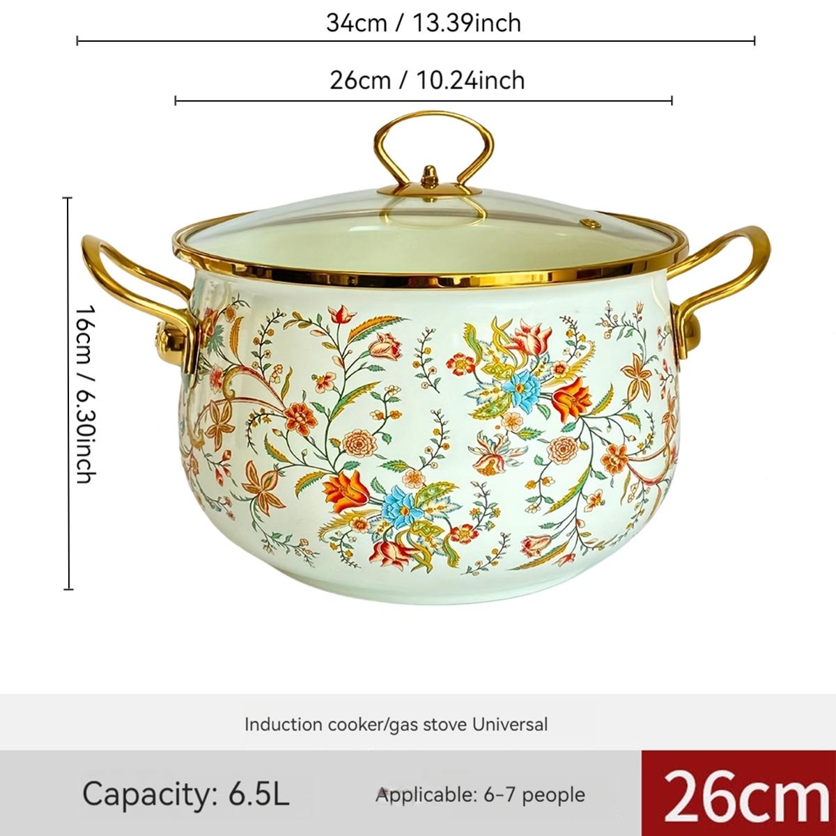 Flower Pattern Stockpot with Lid, Ceramic Soup Pot with Handle, Large Capacity Cooking Pot for Home Kitchen, Double Ear Design