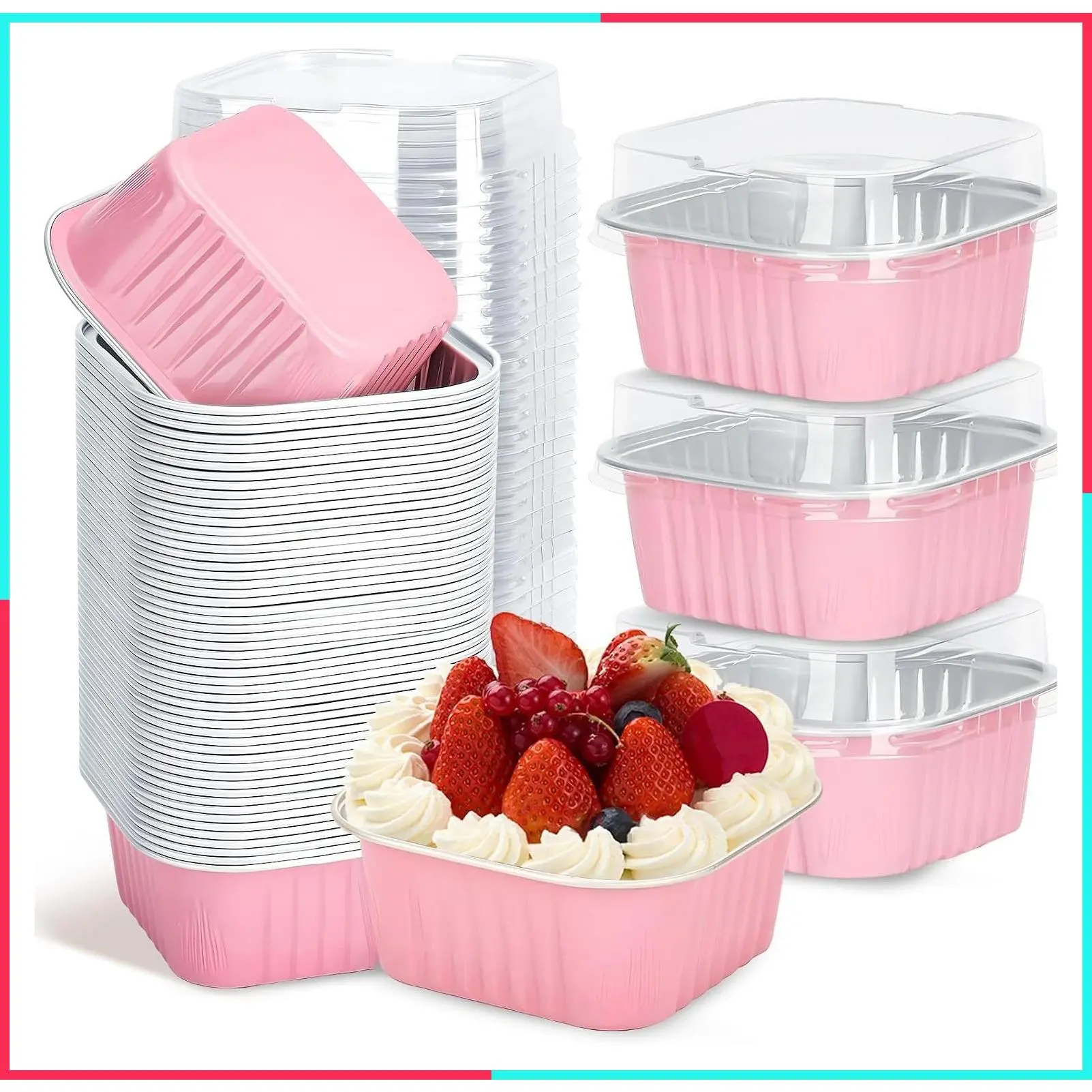 30 Pack 5oz Pink Mini Aluminum Foil Cake Pans with Lids, Individual Baking Cups & Dessert Containers for Parties, Picnics, and Sales