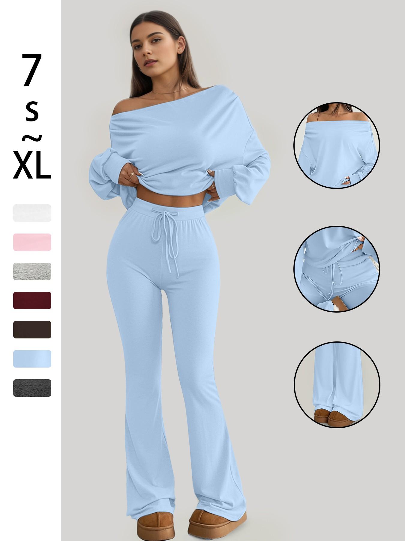One Shoulder Long Sleeve Loose Crop Top and High Waisted Drawstring Skinny Vintage Bell Bottoms, Yoga Fitness Workout Gym Clothing, Fall & Winter