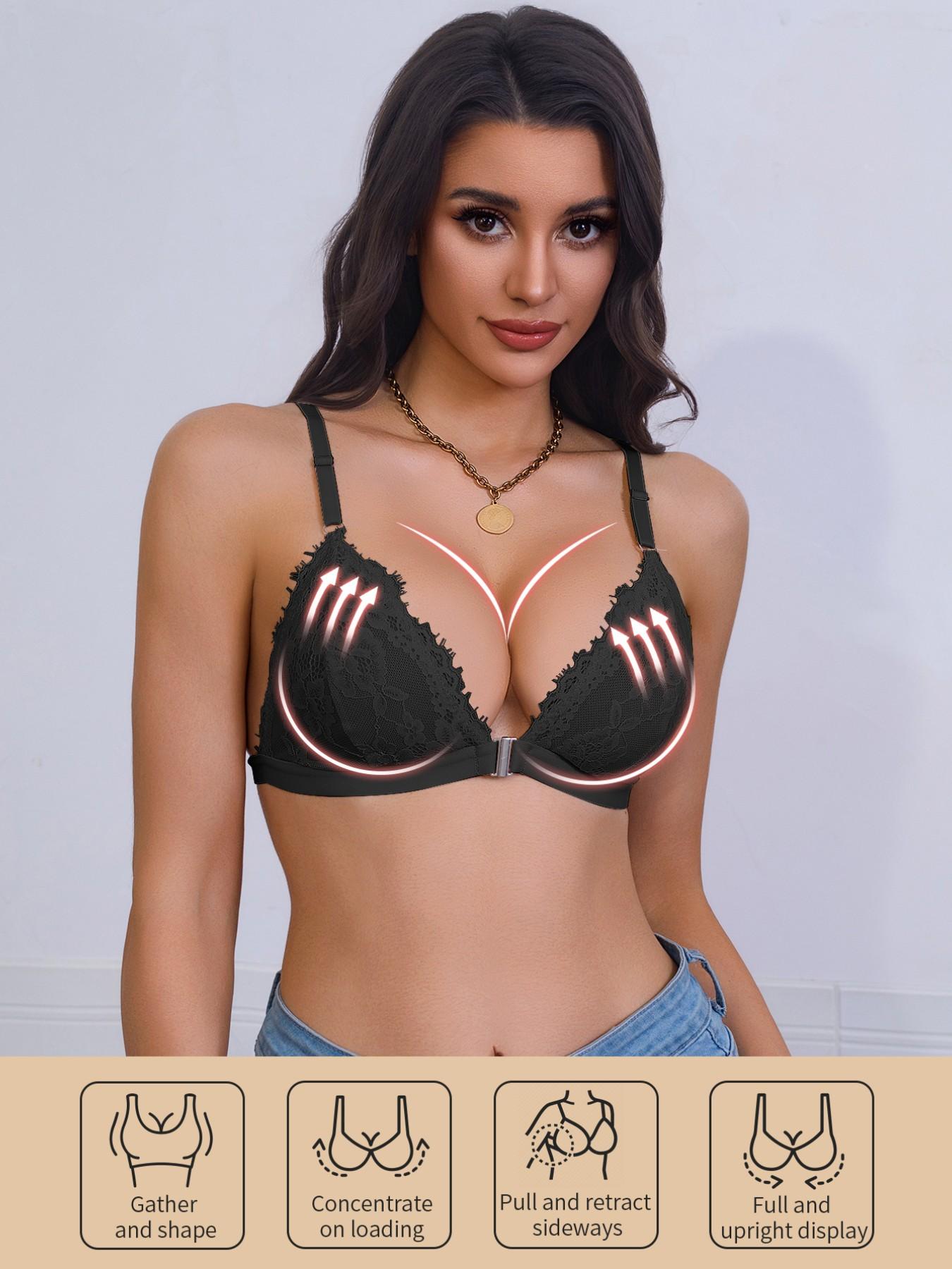 🔥 French Lace Front Closure No Padding Triangle Wireless Bra | Natural Support, Adjustable Straps Invisible Racerback, Easy On/Off, Sexy Lingerie For Daily & Date Night