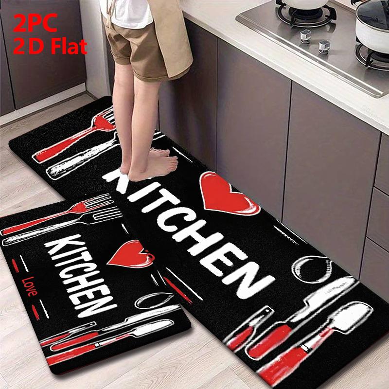 2/3pcs Flannel Kitchen Mat Set, Base Hand-Drawn Design, Non-Slip, Absorbent, Ideal for Bathroom, Laundry Room, Hallway