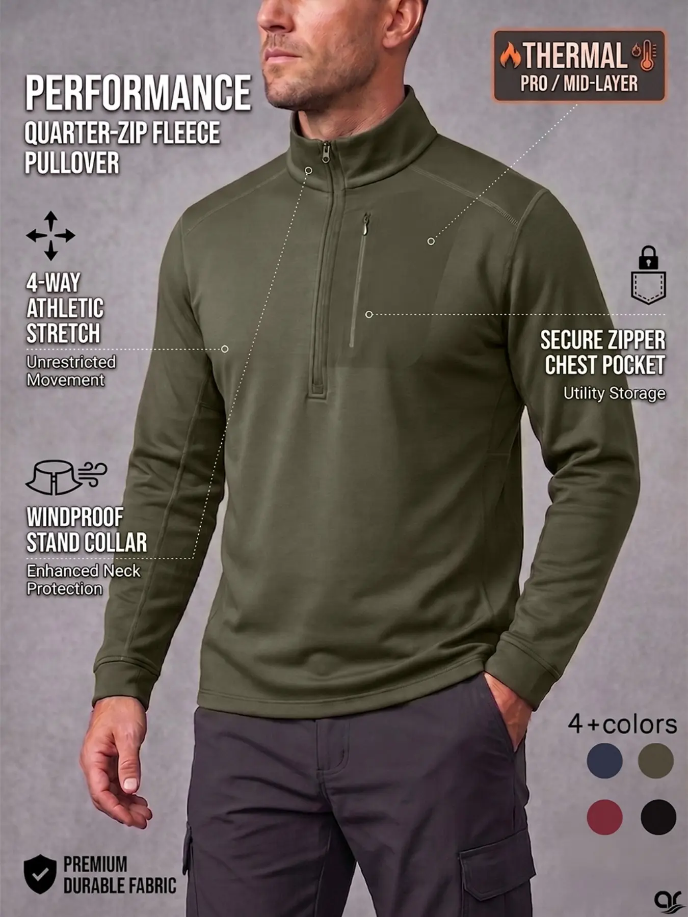 AR Men's Quarter Zip Fleece Pullover Tactical Half Zip Athletic Jacket Stand Collar Windproof Activewear with Secure Chest Pocket | Moisture-Wicking for Outdoor Hiking, Golf & Casual Streetwear