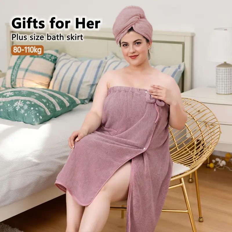 Plus Size Solid Color Bathrobe, 2/4 Counts Soft Water Absorbent Bath Skirt & Hair Drying Cap, Bathroom Supplies for Home Hotel Salon