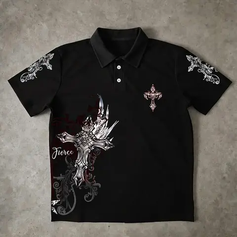 Men's Black Gothic Cross Print Short Sleeve Polo Shirt, Y2K Dark Grunge Graphic Pattern Lapel Polo Top, Streetwear Hip Hop Casual Collared Tee, Retro Alt Aesthetic Daily Summer Shirts