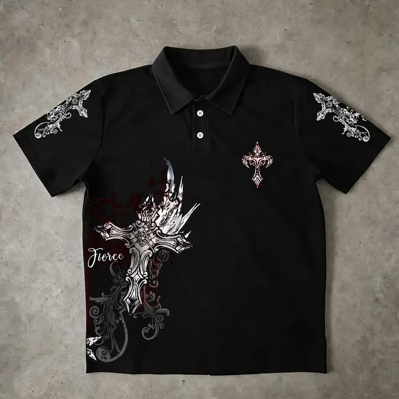 Men's Black Gothic Cross Print Short Sleeve Polo Shirt, Y2K Dark Grunge Graphic Pattern Lapel Polo Top, Streetwear Hip Hop Casual Collared Tee, Retro Alt Aesthetic Daily Summer Shirts