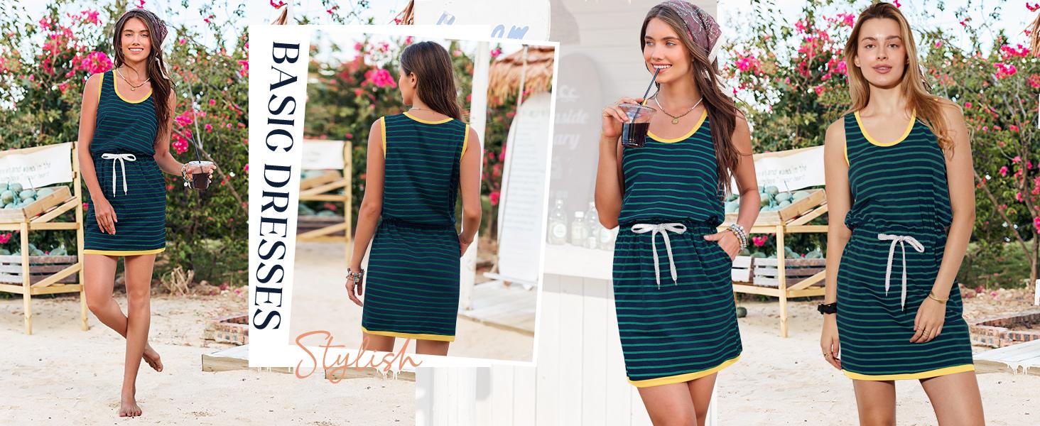 Imily Bela Womens Summer Sleeveless Striped Dress Drawstring Waist Casual Tank Mini Dresses with Pockets