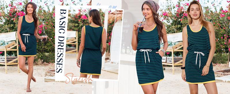 Imily Bela Womens Summer Sleeveless Striped Dress Drawstring Waist Casual Tank Mini Dresses with Pockets