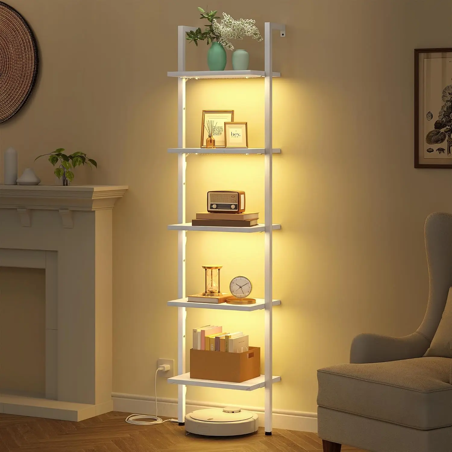 5 Tier Ladder Bookshelf with Light, Wall Mount Ladder Shelf White | Narrow Ladder Bookshelf with Storage, Thin Ladder Bookshelf with Metal Frame Ladder Shelf for Living Room, Bedroom, Office
