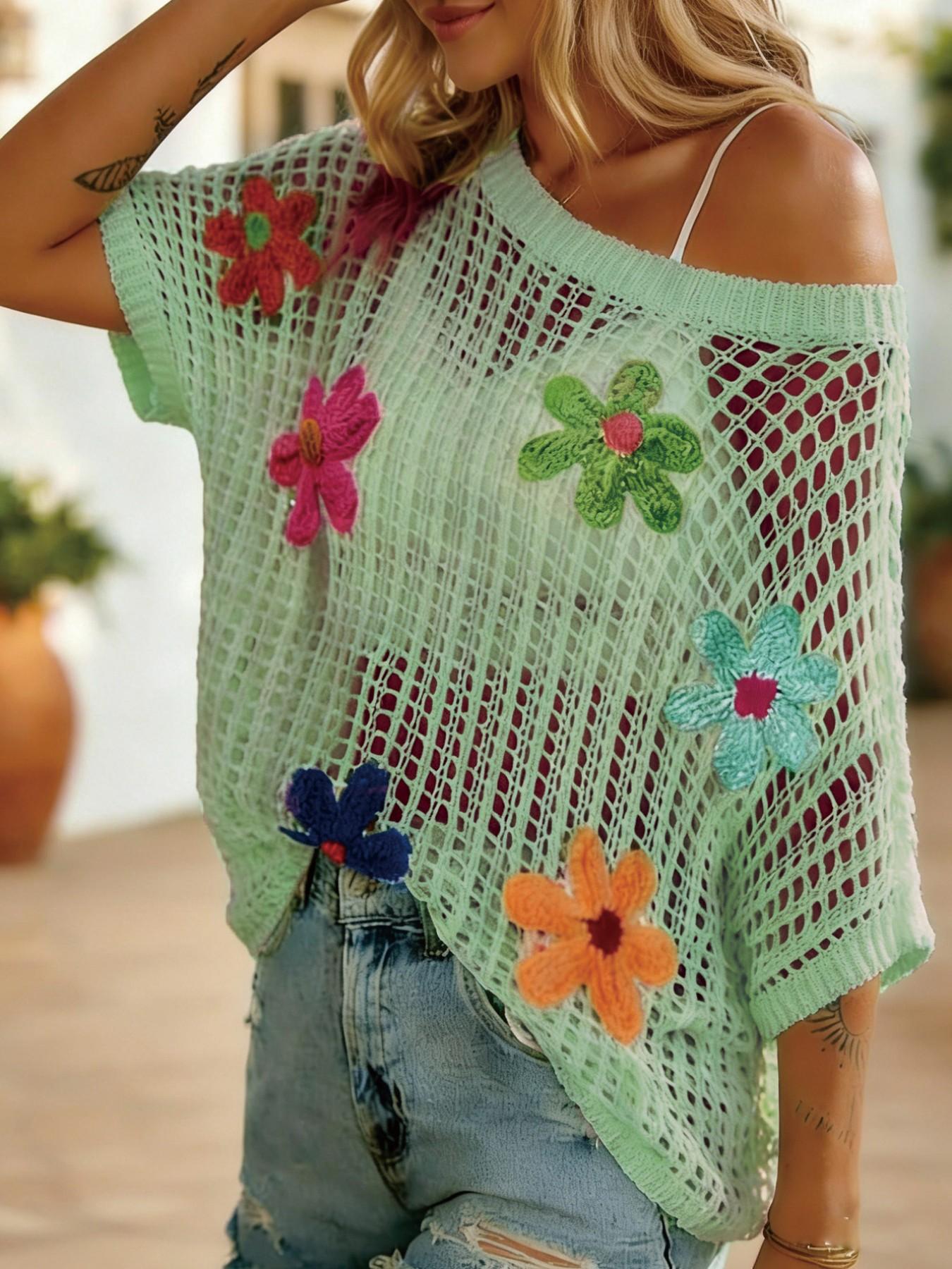 Women's Summer Crochet Floral Short Sleeve Pullover Knit Shirt, Boho Style Loose Fitting Beach Cover-Up for Trendy
