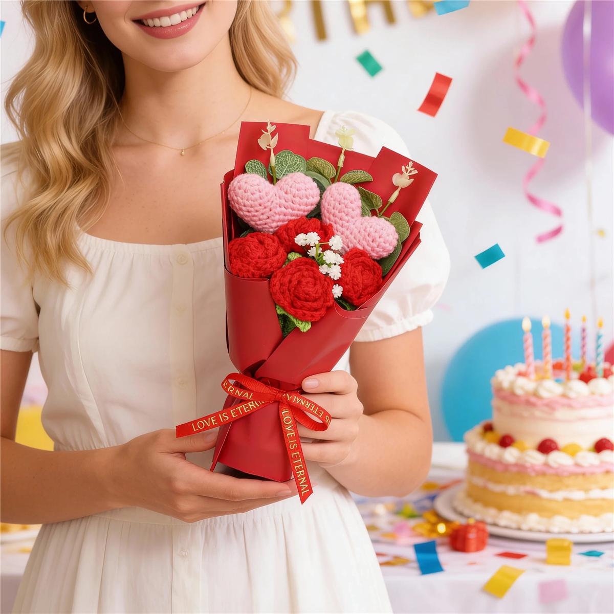 Handmade Knitted Yarn Artificial Flower Bouquet, Heart and Rose Flowers, Perfect Gift for Valentine's Day Mother's Day Thanksgiving