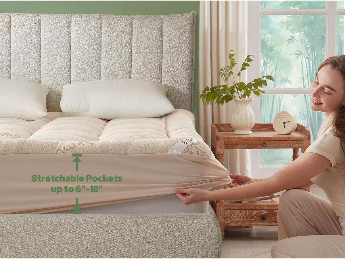 【BEDLORE】Mattress Topper Viscose Derived from Bamboo 2-Inch Plush Padding Soft Breathable for Back Pain Relief Fits 6-18 Inches Mattresses Cool Bed Accessories